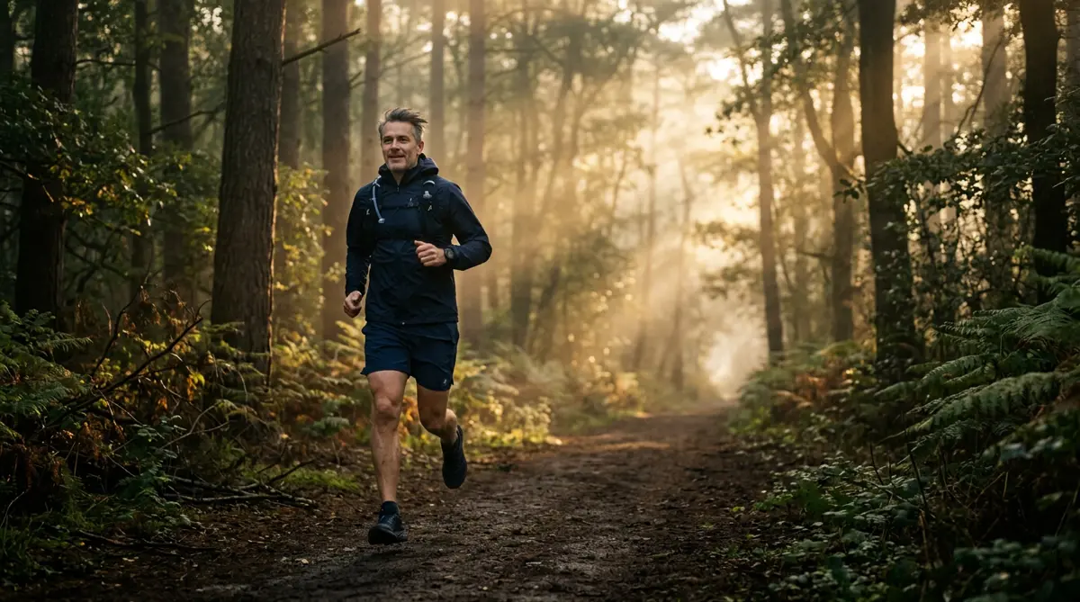 Healthy man in his late forties jogging on a forest trail at sunrise